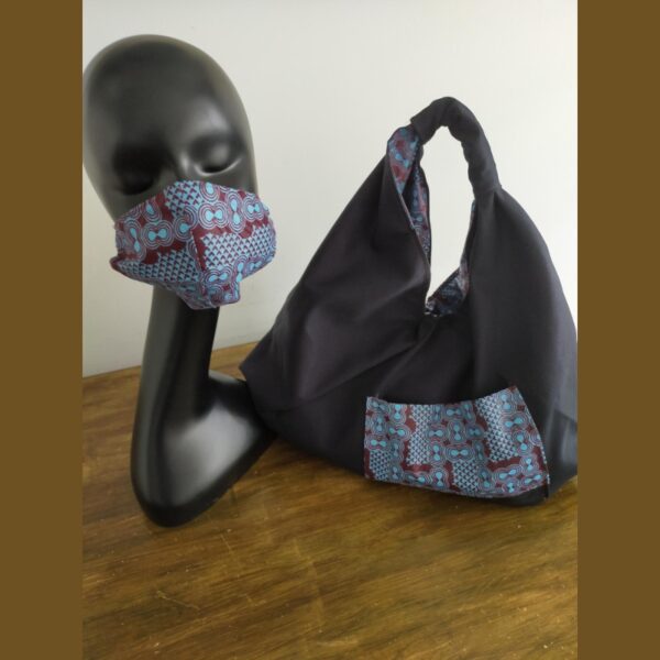 Reversible Origami Canvas & Cotton Dutch Wax Shopper Tote with Matching Reusable Cotton Face Mask - Image 4