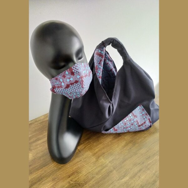 Reversible Origami Canvas & Cotton Dutch Wax Shopper Tote with Matching Reusable Cotton Face Mask - Image 3