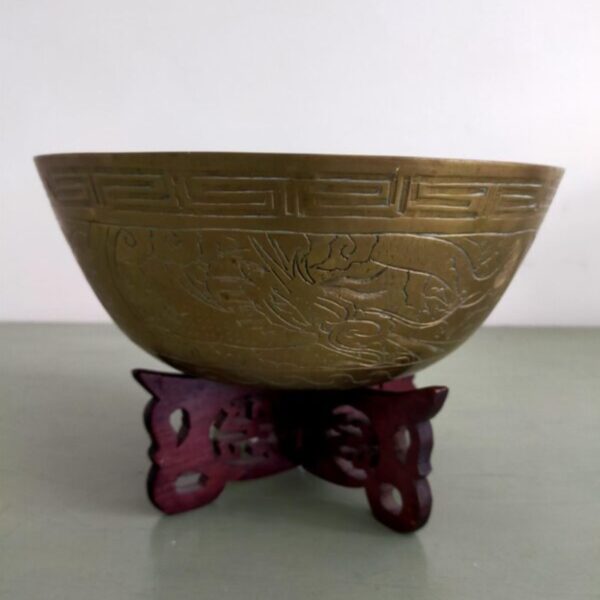 Antique Brass Chinese Bowl Phoenix/Dragon Hand Carved with Wood Carved Stand